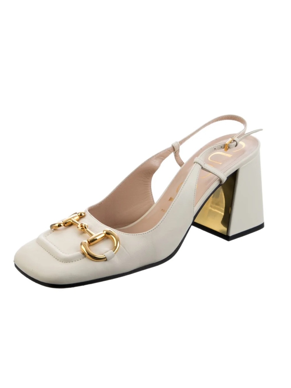 Women's Ivory Slingback Block Heel Pumps with Gold Hardware